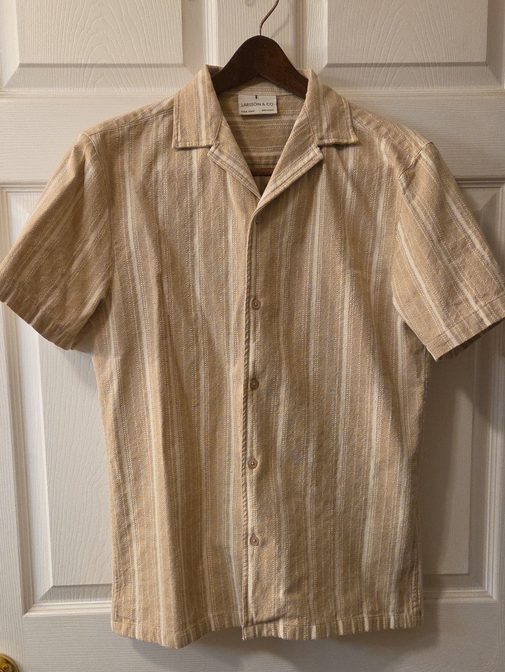 Beige Striped Short-Sleeve Button-Down Shirt